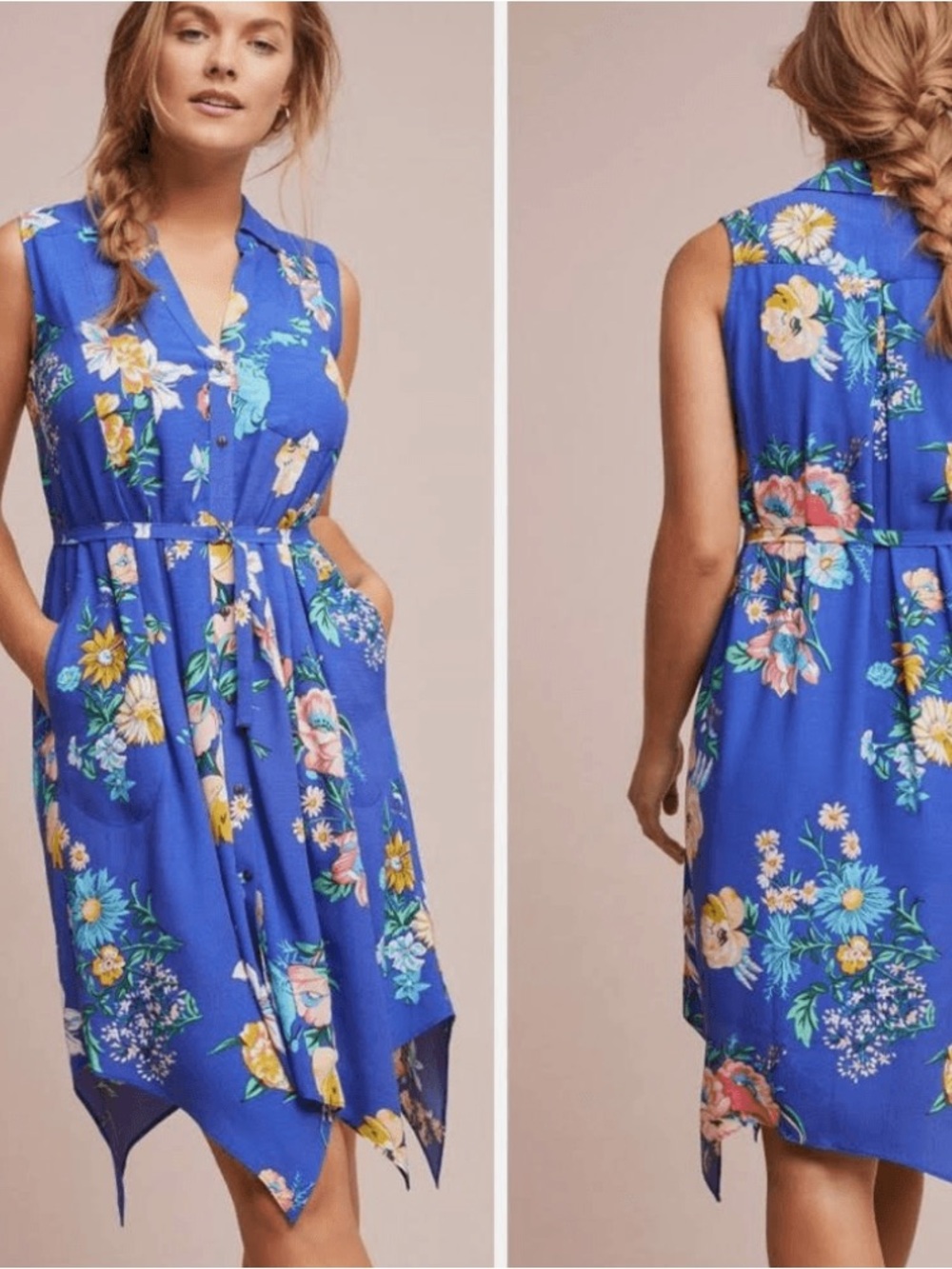 Maeve Anthropologie Floral Rory Sleeveless Shirtdress Blue Sz 10